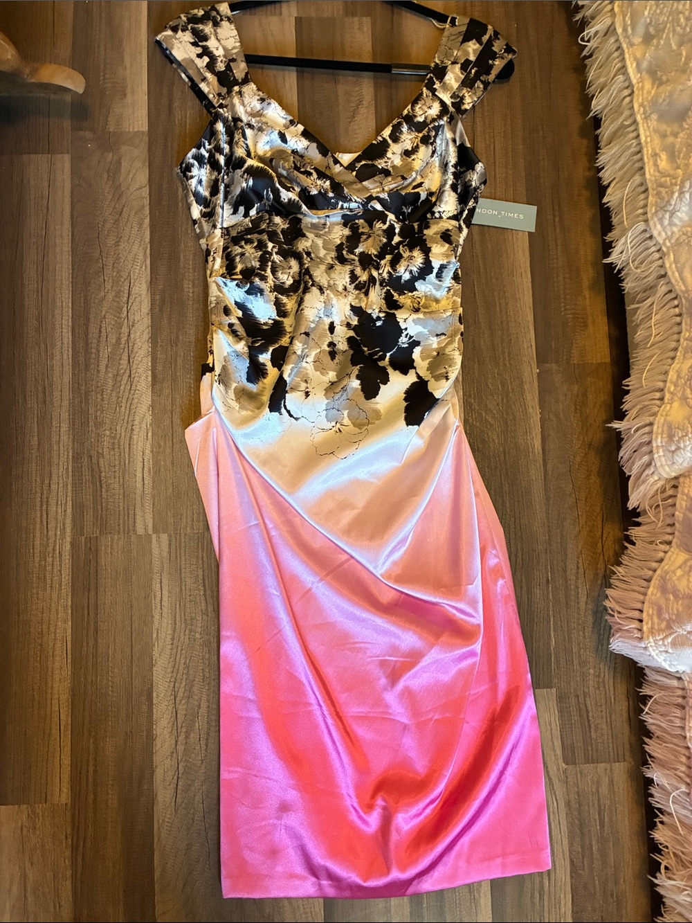London Times Black & Cream Floral Bodice Pink Ombre Midi Dress- NWT- Size 8